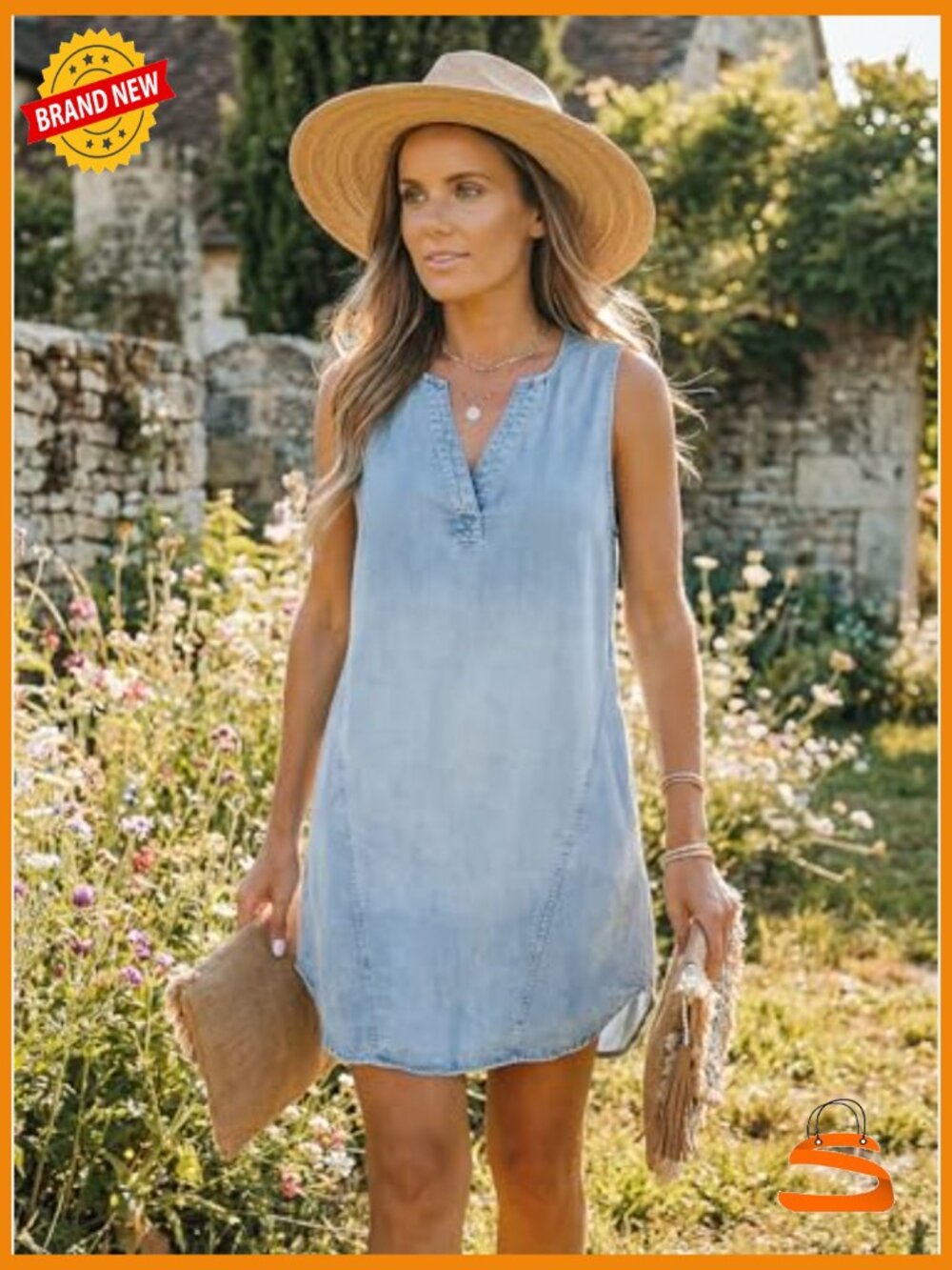 Denim Mini Dress V Neck Sleeveless A-Line Casual Summer Outfits - Picture 4 of 7